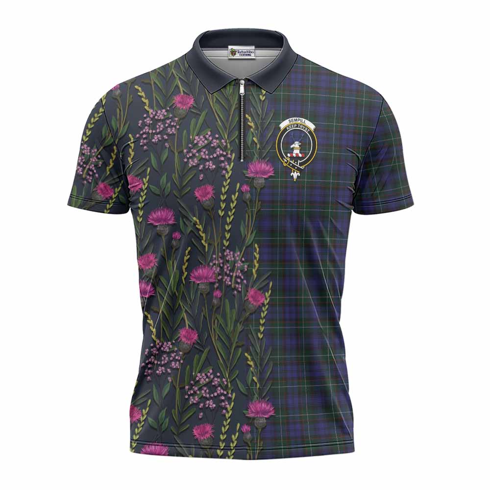Sempill (Semple) Family Crest Tartan Zipper Polo Shirt Scottish Thistle Flower Pattern Half Style - Tartan Vibes Clothing
