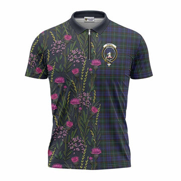 Sempill (Semple) Family Crest Tartan Zipper Polo Shirt Scottish Thistle Flower Pattern Half Style