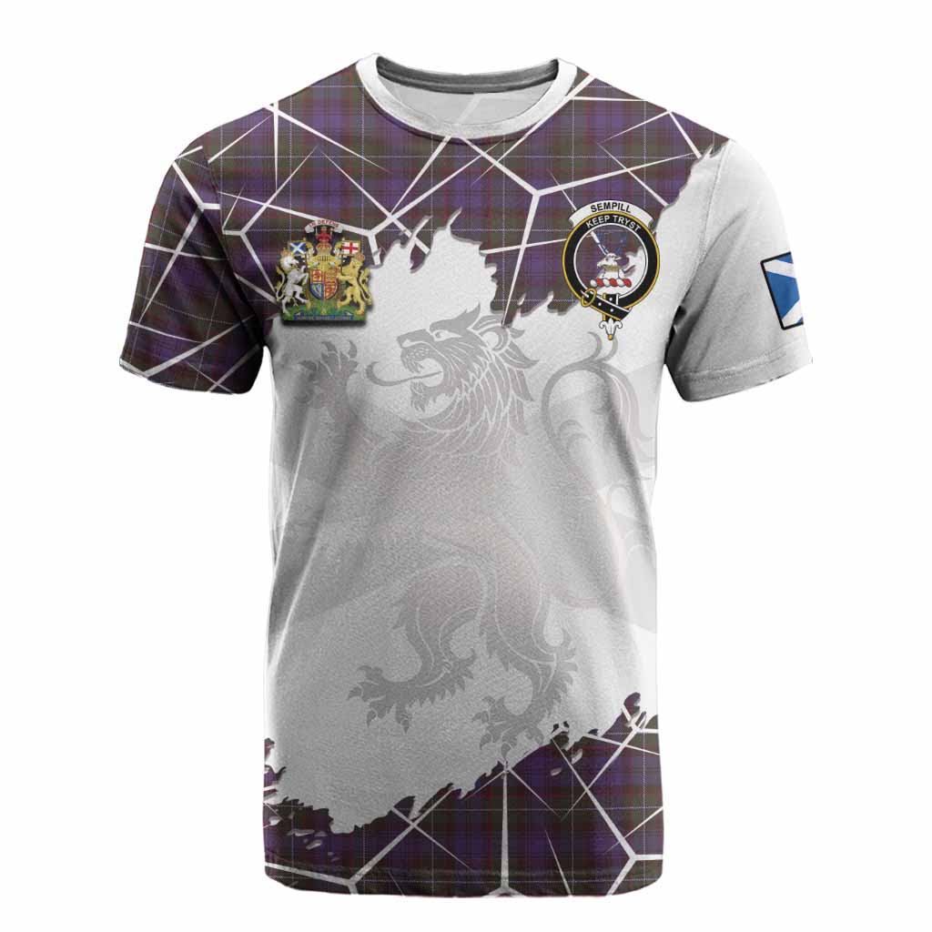 Sempill (Semple) Tartan Cotton T-shirt with Family Crest and Lion Rampant Grunge Style