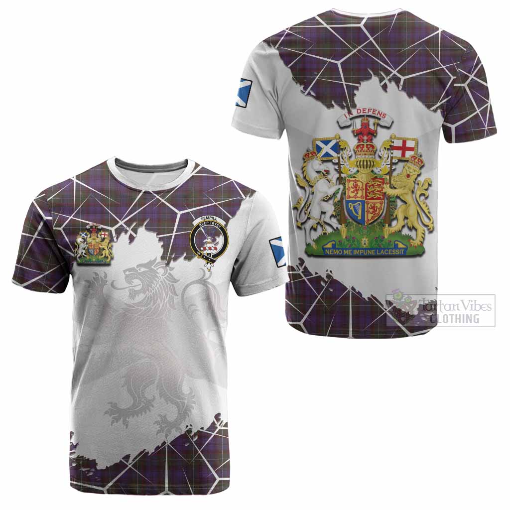Sempill (Semple) Tartan Cotton T-shirt with Family Crest and Lion Rampant Grunge Style