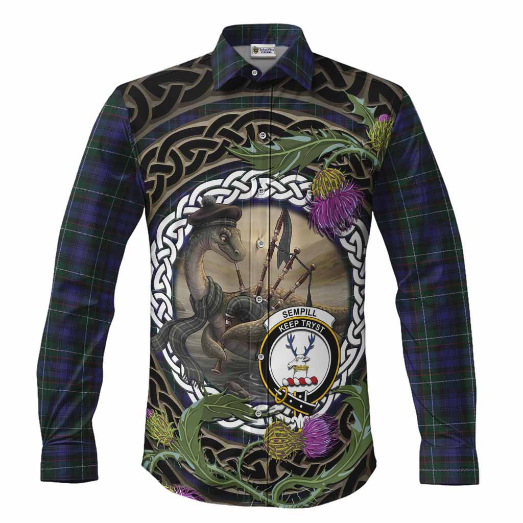 Sempill (Semple) Tartan Crest Bagpipe Nessie Long Sleeve Button Shirts Scottish Loch Ness Monster Celtic Thistle