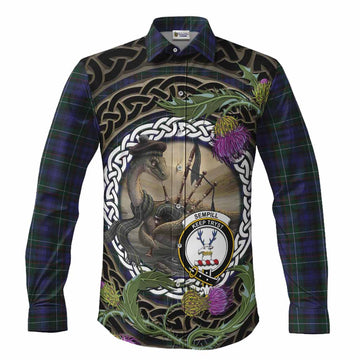 Sempill (Semple) Tartan Crest Bagpipe Nessie Long Sleeve Button Shirts Scottish Loch Ness Monster Celtic Thistle