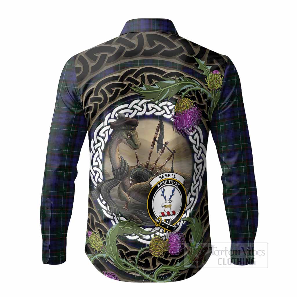 Sempill (Semple) Tartan Crest Bagpipe Nessie Long Sleeve Button Shirts Scottish Loch Ness Monster Celtic Thistle