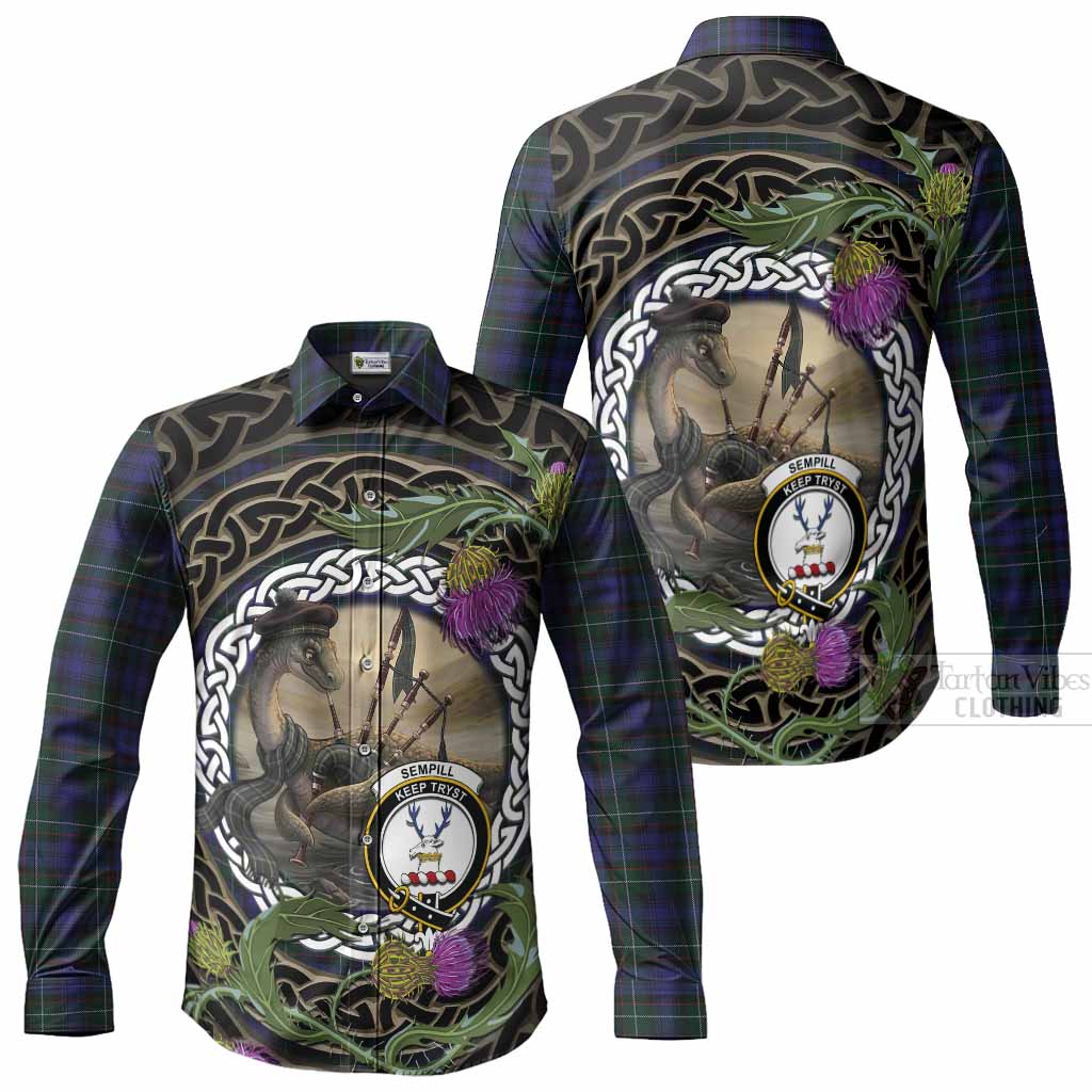 Sempill (Semple) Tartan Crest Bagpipe Nessie Long Sleeve Button Shirts Scottish Loch Ness Monster Celtic Thistle