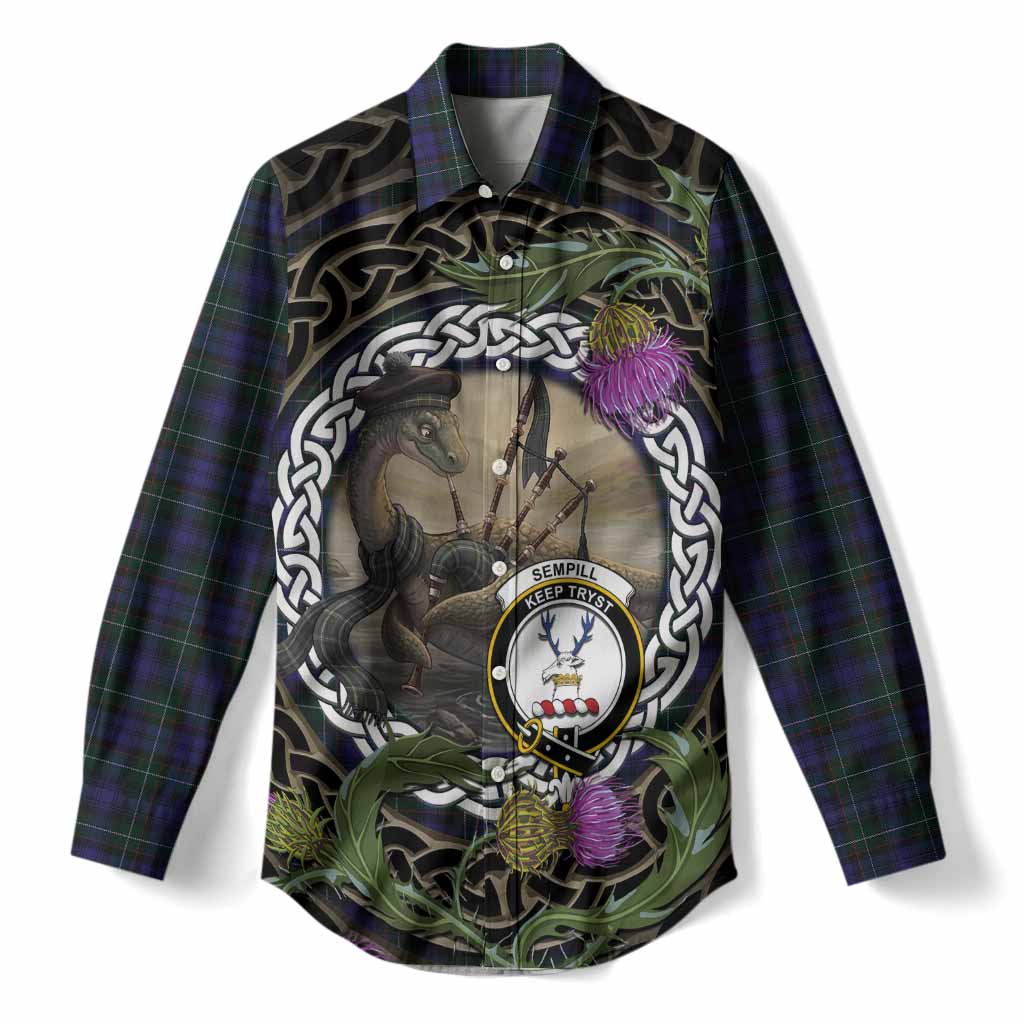 Sempill (Semple) Tartan Crest Bagpipe Nessie Women Casual Shirt Scottish Loch Ness Monster Celtic Thistle