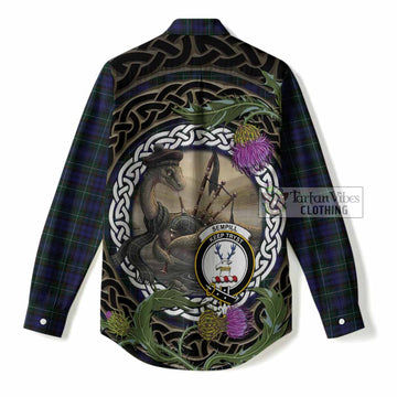 Sempill (Semple) Tartan Crest Bagpipe Nessie Women Casual Shirt Scottish Loch Ness Monster Celtic Thistle