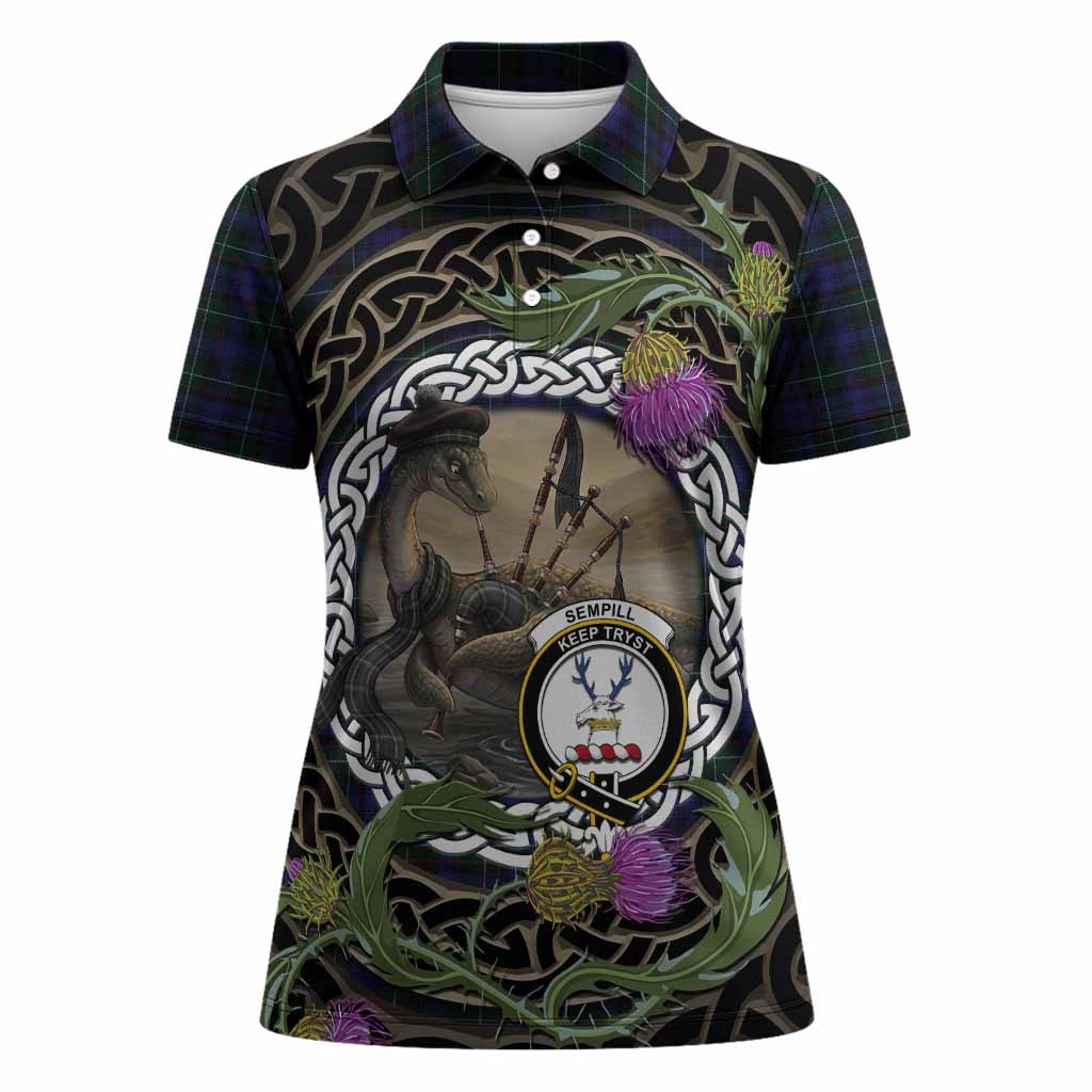 Sempill (Semple) Tartan Crest Bagpipe Nessie Women Polo Shirt Scottish Loch Ness Monster Celtic Thistle