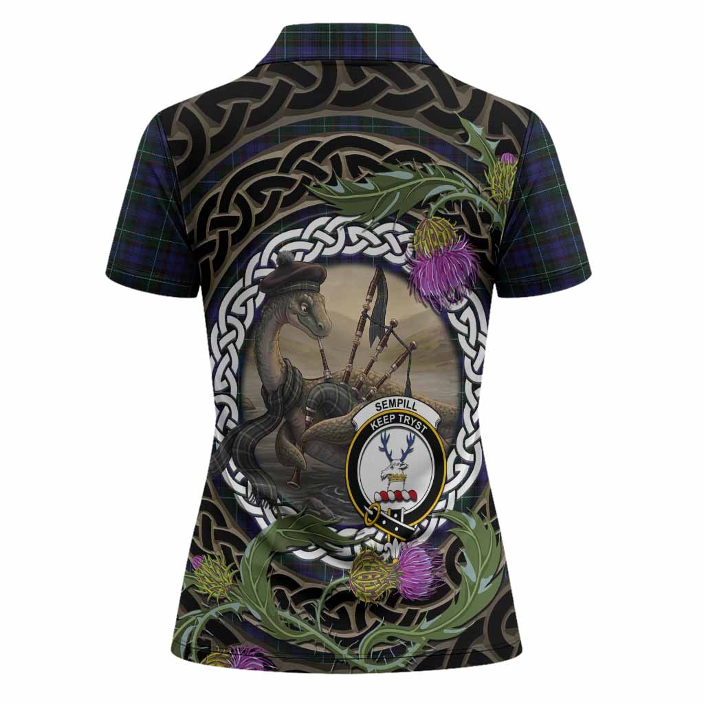 Sempill (Semple) Tartan Crest Bagpipe Nessie Women Polo Shirt Scottish Loch Ness Monster Celtic Thistle