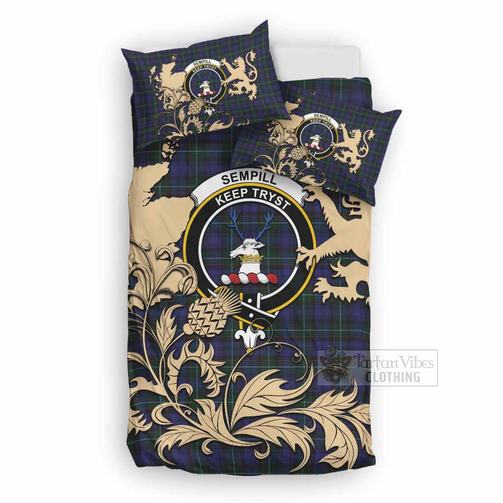 Sempill (Semple) Tartan Crest Bedding Set with Scottish Iconic Symbols 