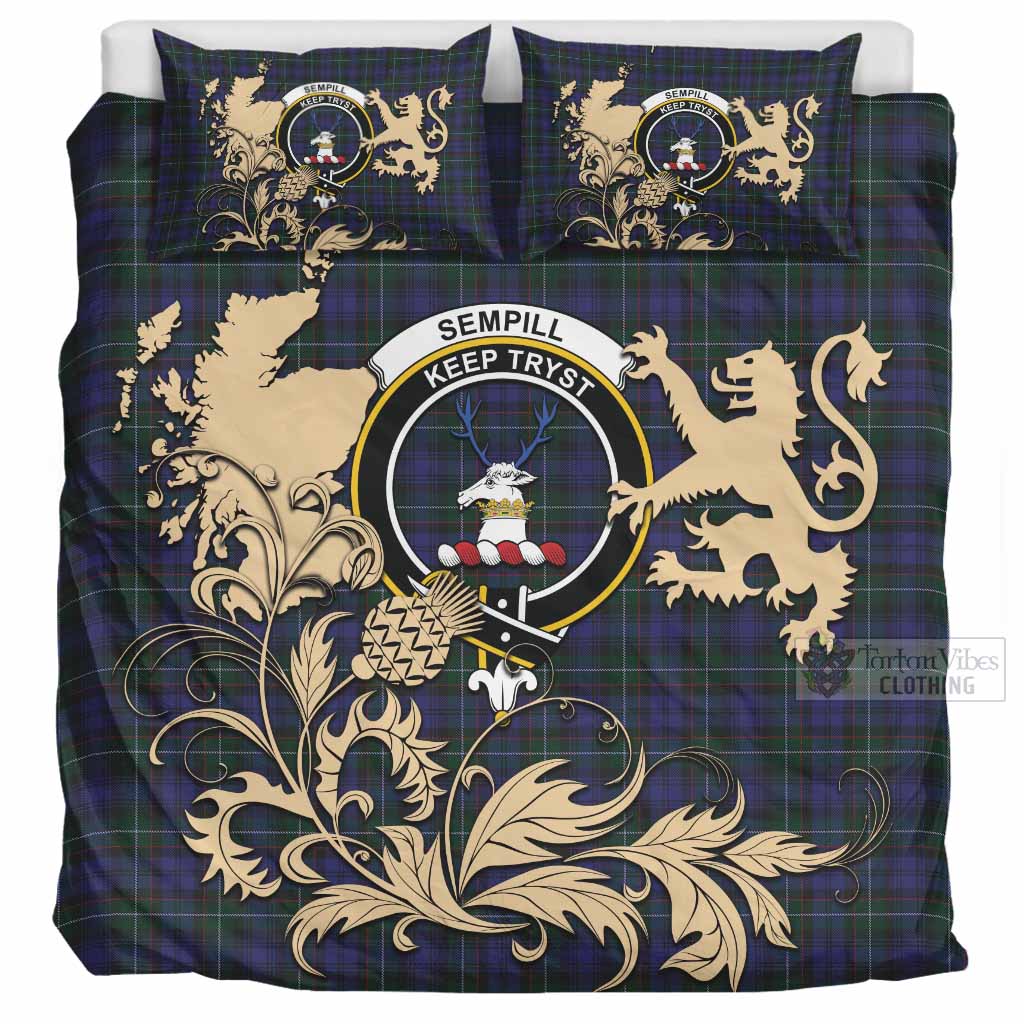 Sempill (Semple) Tartan Crest Bedding Set with Scottish Iconic Symbols 