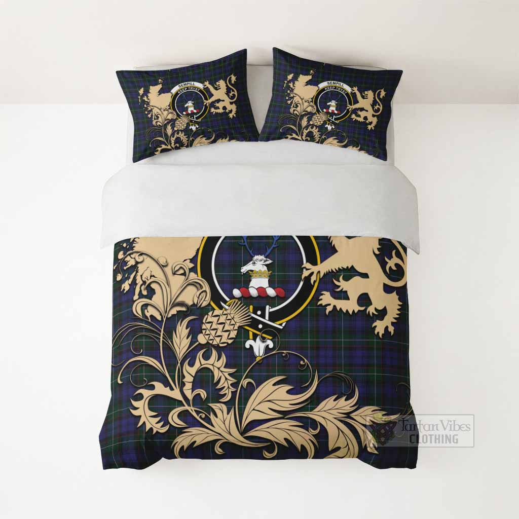 Sempill (Semple) Tartan Crest Bedding Set with Scottish Iconic Symbols 