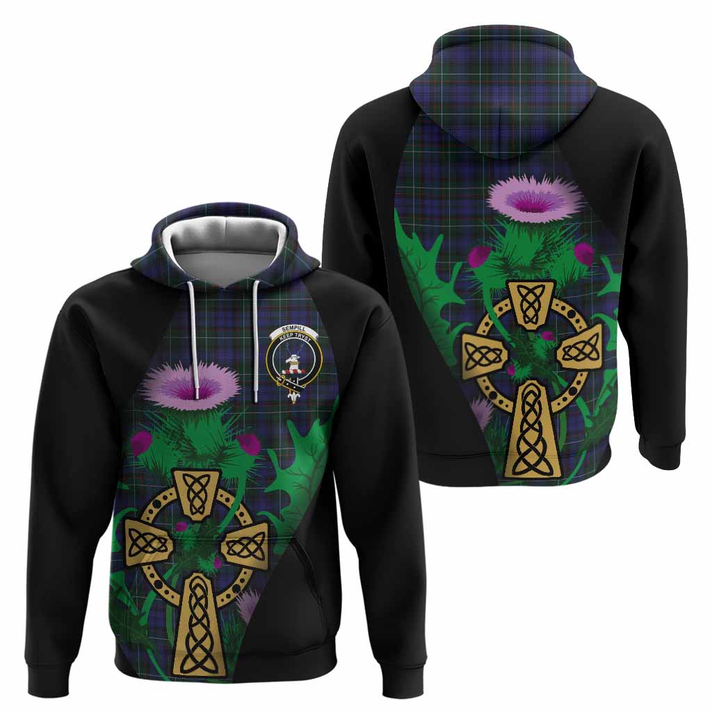 Sempill (Semple) Tartan Crest Hoodie Celtic Cross Thistle Flowers