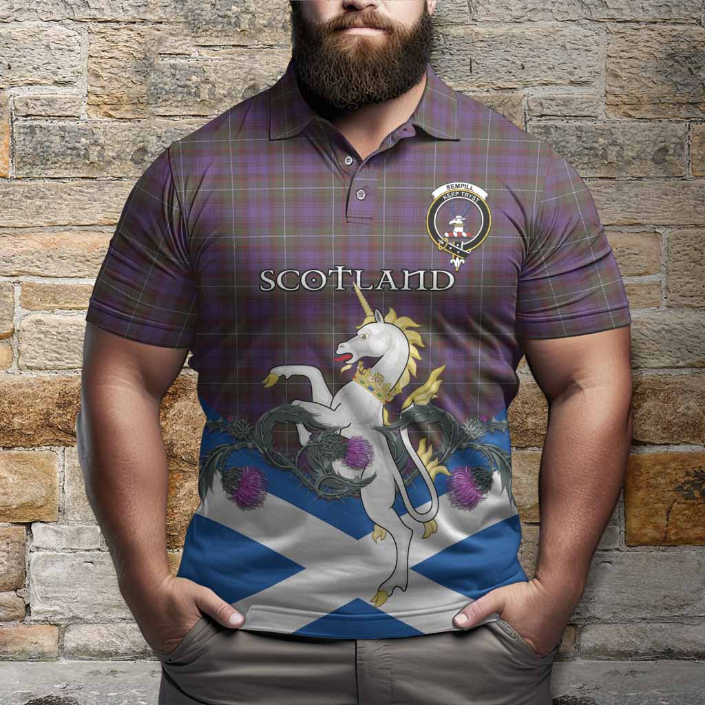 Sempill (Semple) Tartan Crest Polo Shirt Scottish Unicorn With Thistle