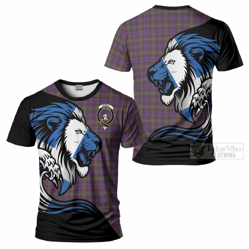 Sempill (Semple) Tartan Crest T-Shirt Scottish Golden Lions Wave Flow