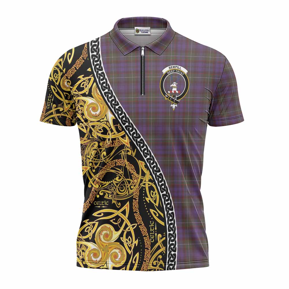 Sempill (Semple) Tartan Crest Zipper Polo Shirt Celtic Knot and Triple Trickle Spiral Symbols