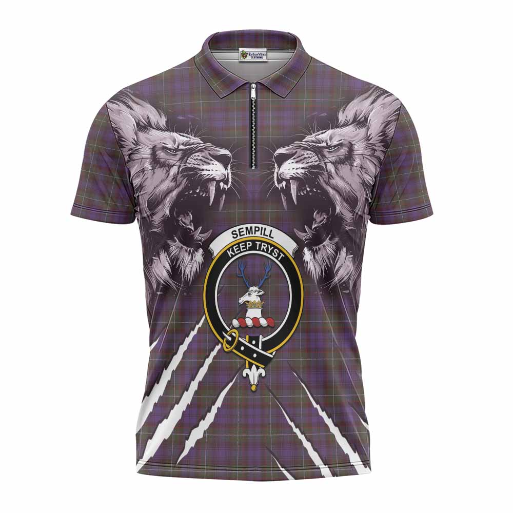Sempill (Semple) Tartan Crest Zipper Polo Shirt Ferocious Lion Style