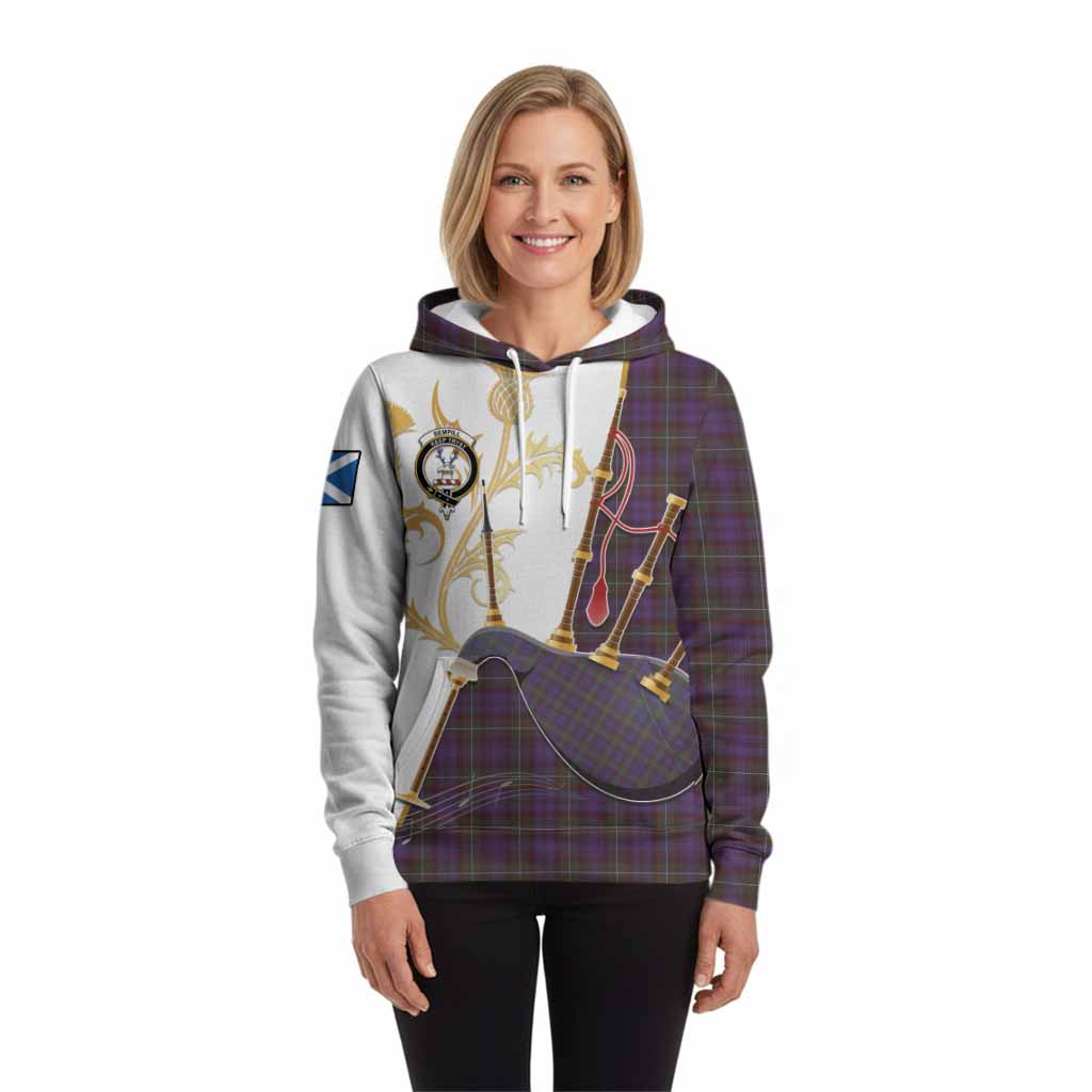 Sempill (Semple) Tartan Family Crest Hoodie Bagpipes with Scottish Thistle