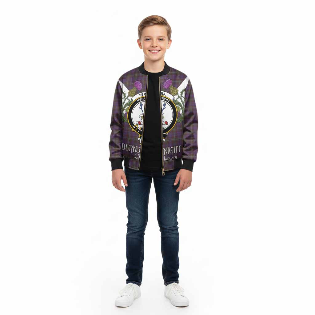 Sempill (Semple) Tartan Family Crest Kid Bomber Jacket Scottish Burns Night Thistle Floral