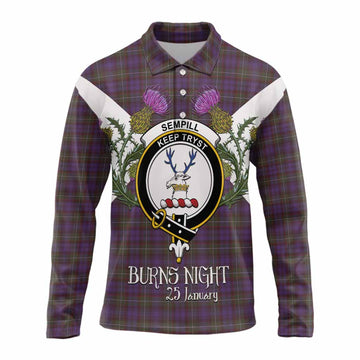 Sempill (Semple) Tartan Family Crest Long Sleeve Polo Shirt Scottish Burns Night Thistle Floral