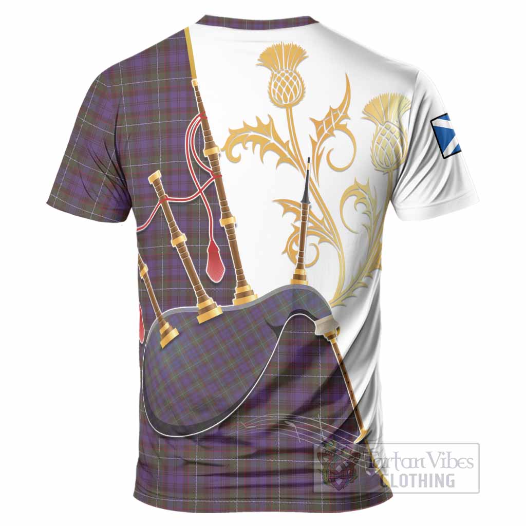 Sempill (Semple) Tartan Family Crest T-Shirt Bagpipes with Scottish Thistle