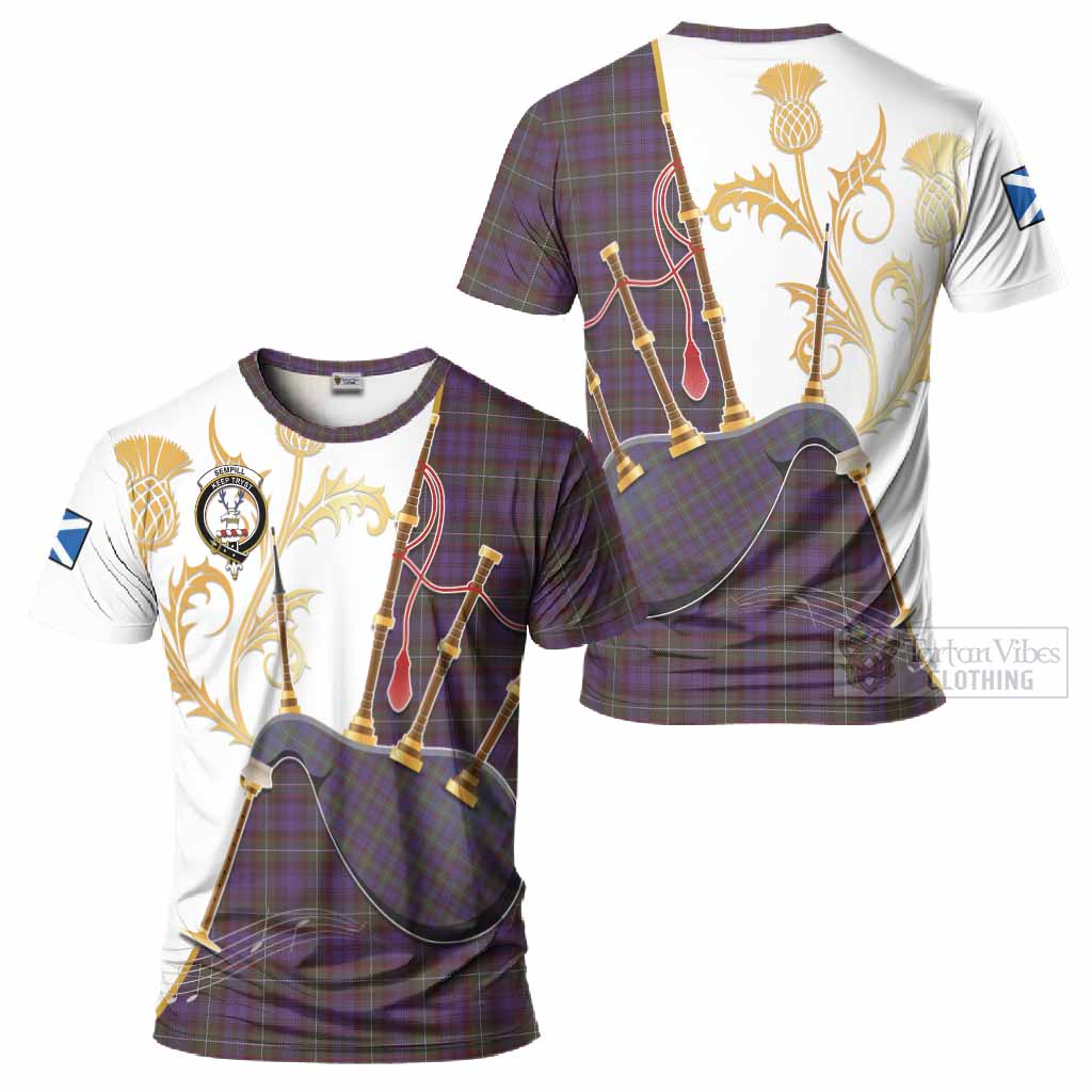 Sempill (Semple) Tartan Family Crest T-Shirt Bagpipes with Scottish Thistle