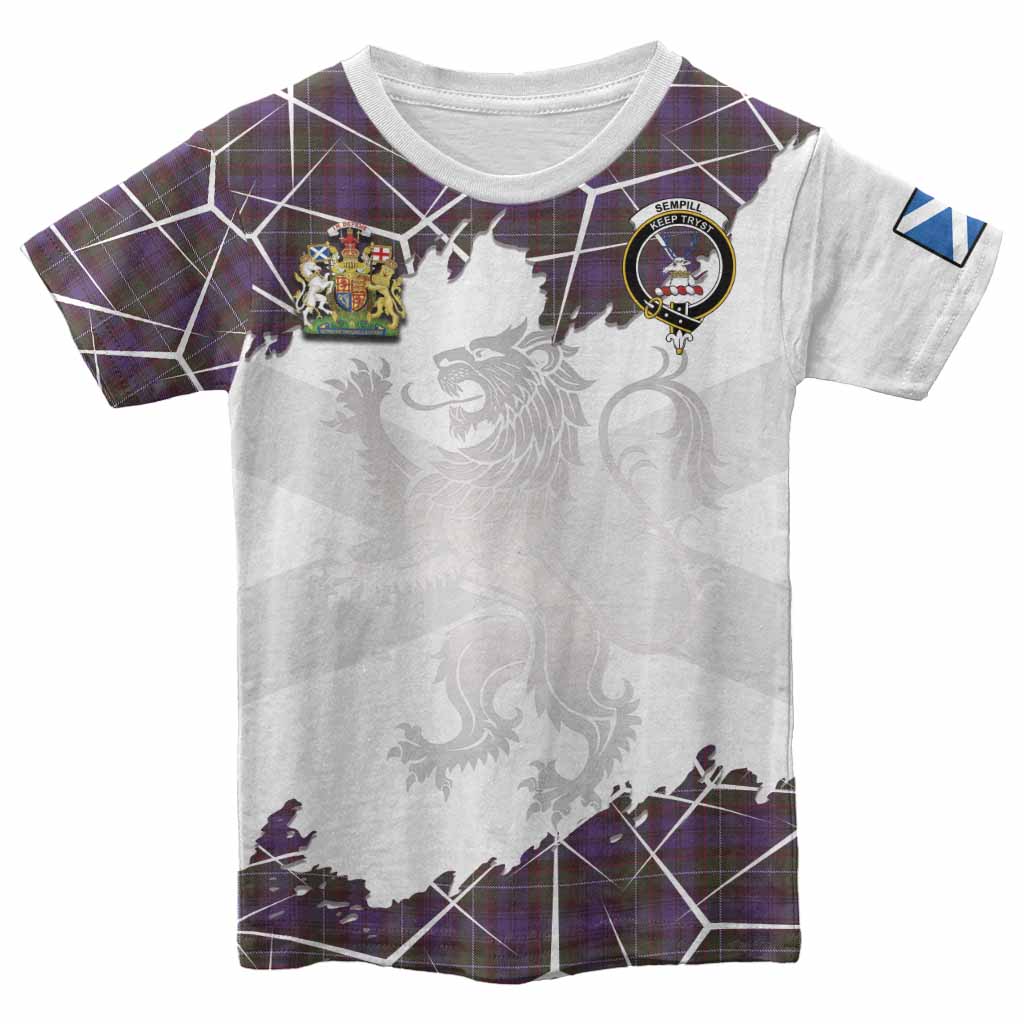 Sempill (Semple) Tartan Kid T-shirt with Family Crest and Lion Rampant Grunge Style