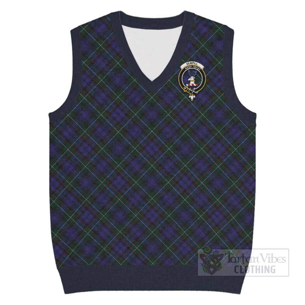 Sempill (Semple) Tartan Knitted V-Neck Vest with Family Crest Cross Style