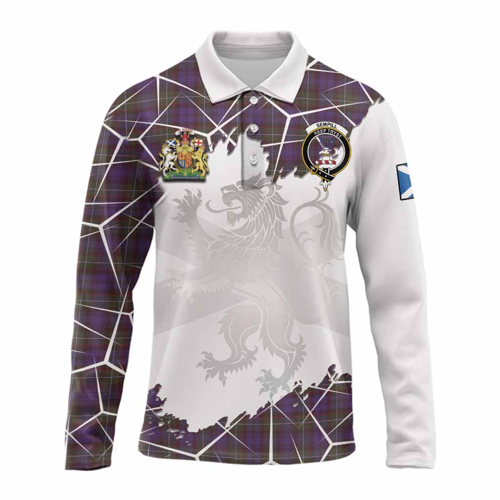 Sempill (Semple) Tartan Long Sleeve Polo Shirt with Family Crest and Lion Rampant Grunge Style