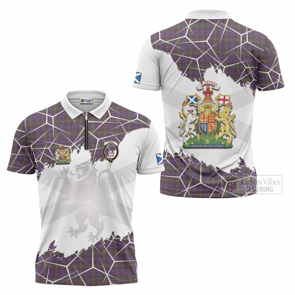 Sempill (Semple) Tartan Zipper Polo Shirt with Family Crest and Lion Rampant Grunge Style