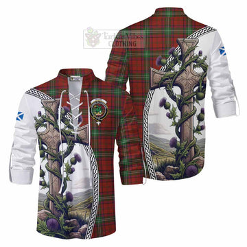 Seton Tartan Ghillie Kilt Shirt with Family Crest and St. Andrew's Cross Accented by Thistle Vines Men - Tartan Vibes Clothing