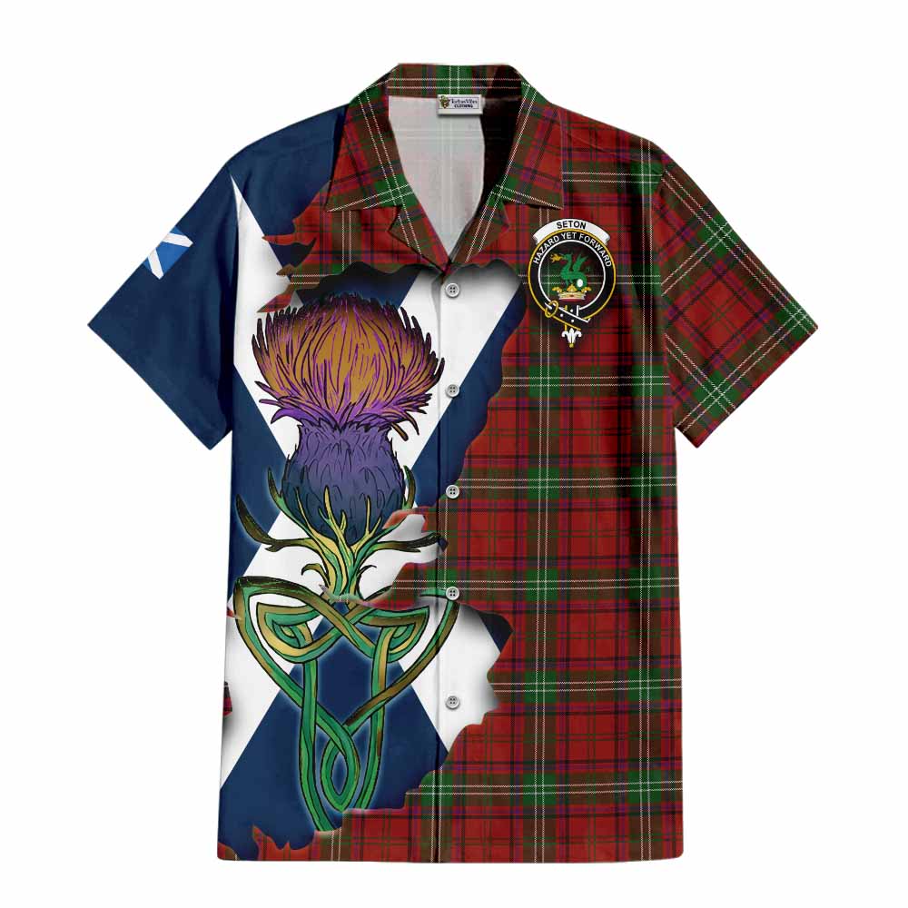 Tartan Vibes Clothing Seton Tartan Family Crest Short Sleeve Button Shirt Scottish Thistle Celtic Inspired