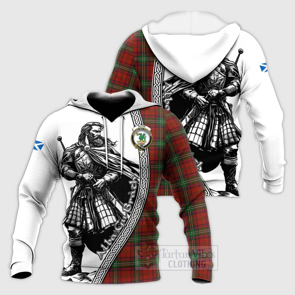 Seton Tartan Clan Crest Knitted Hoodie with Highlander Warrior Celtic Style Unisex Knitted Pullover Hoodie - Tartan Vibes Clothing