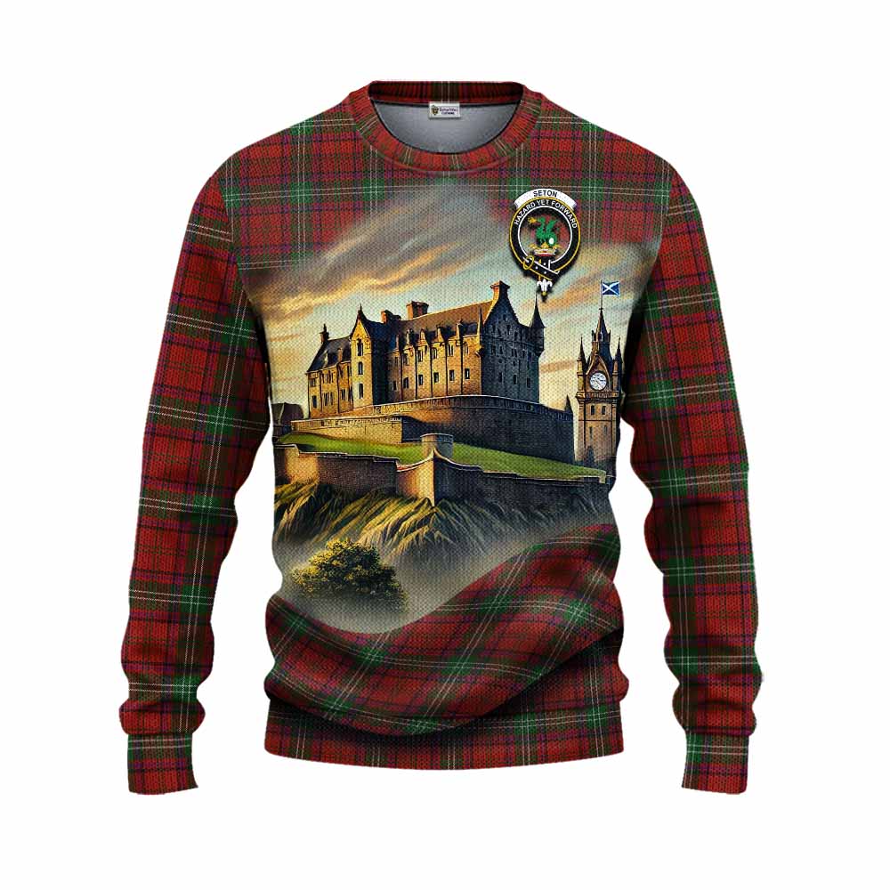 Seton Tartan Family Crest Knitted Sweater with Scottish Ancient Castle Style Unisex - Tartan Vibes Clothing