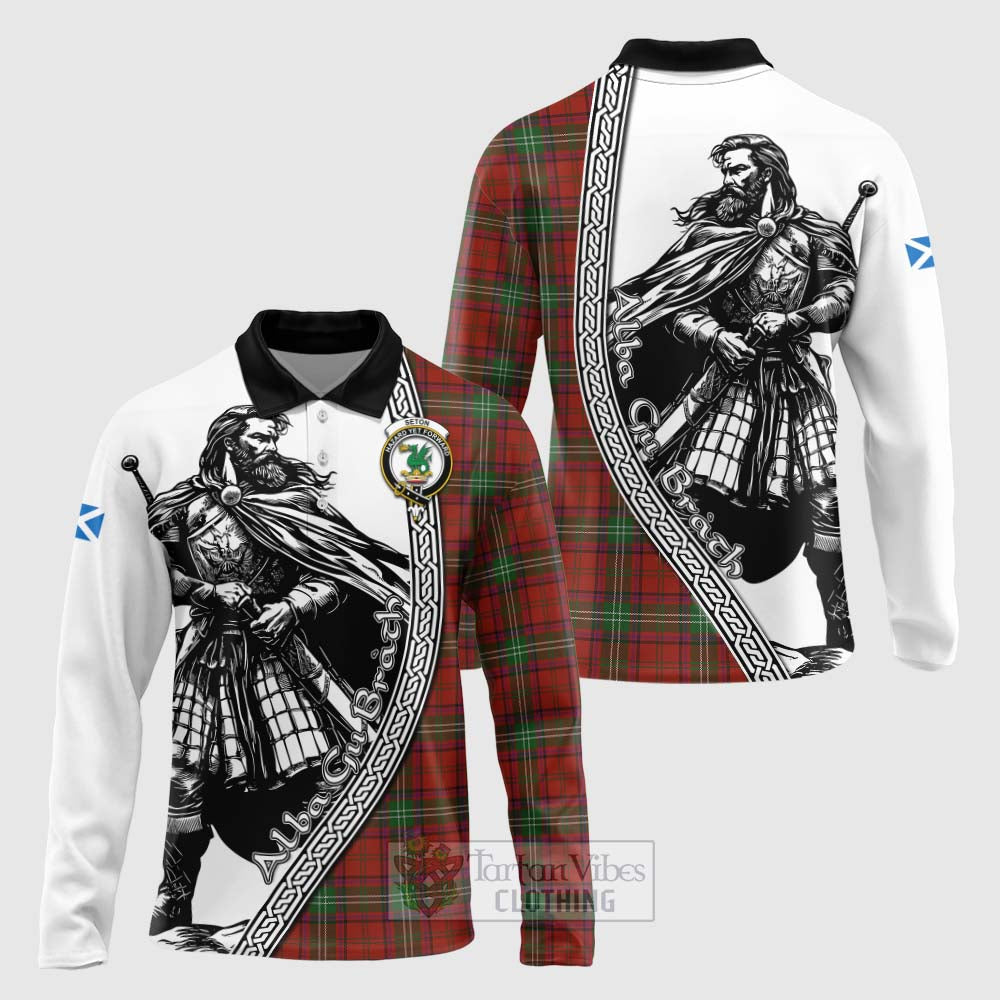 Seton Tartan Clan Crest Long Sleeve Polo Shirt with Highlander Warrior Celtic Style Unisex - Tartan Vibes Clothing