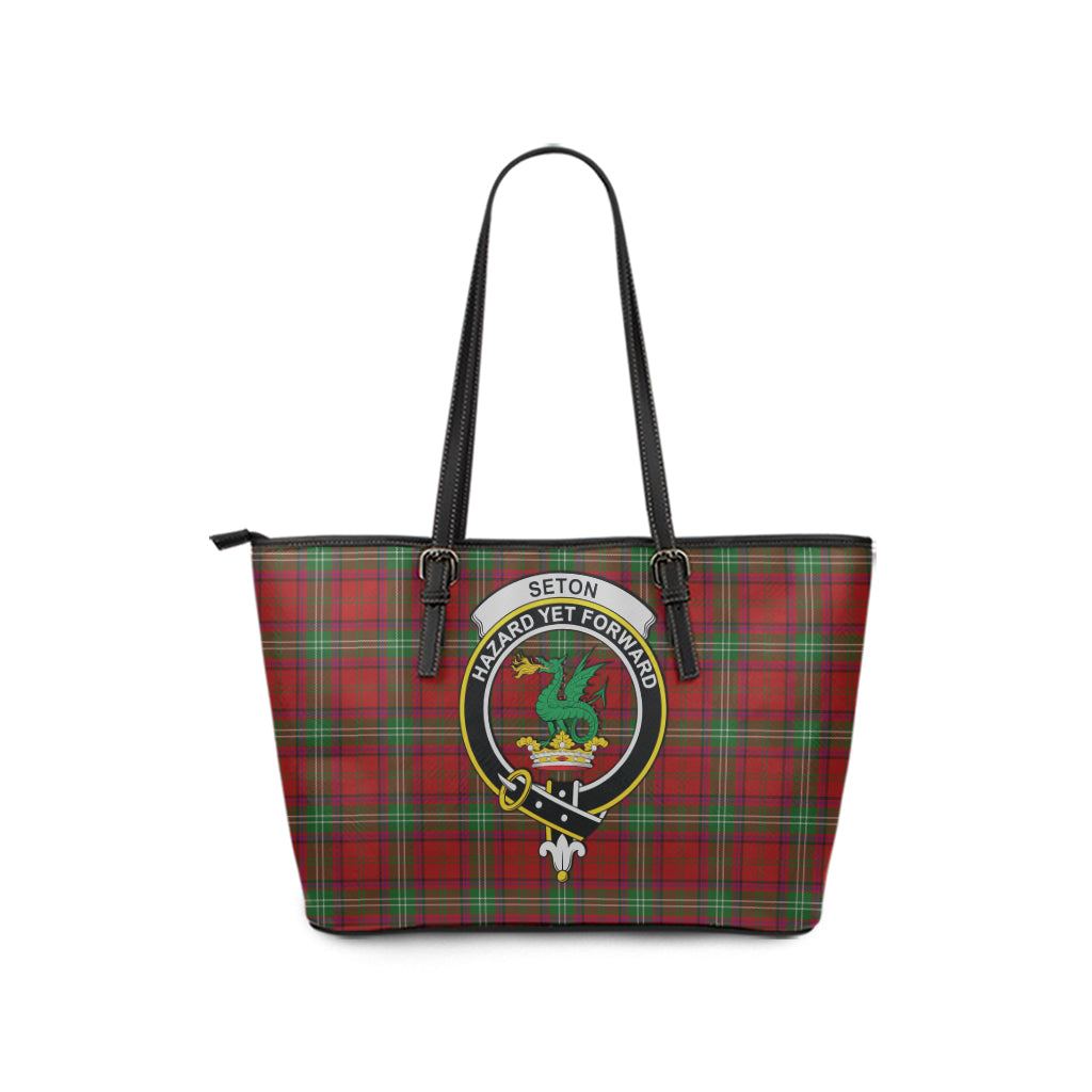 Seton Tartan Leather Tote Bag with Family Crest - Tartan Vibes Clothing