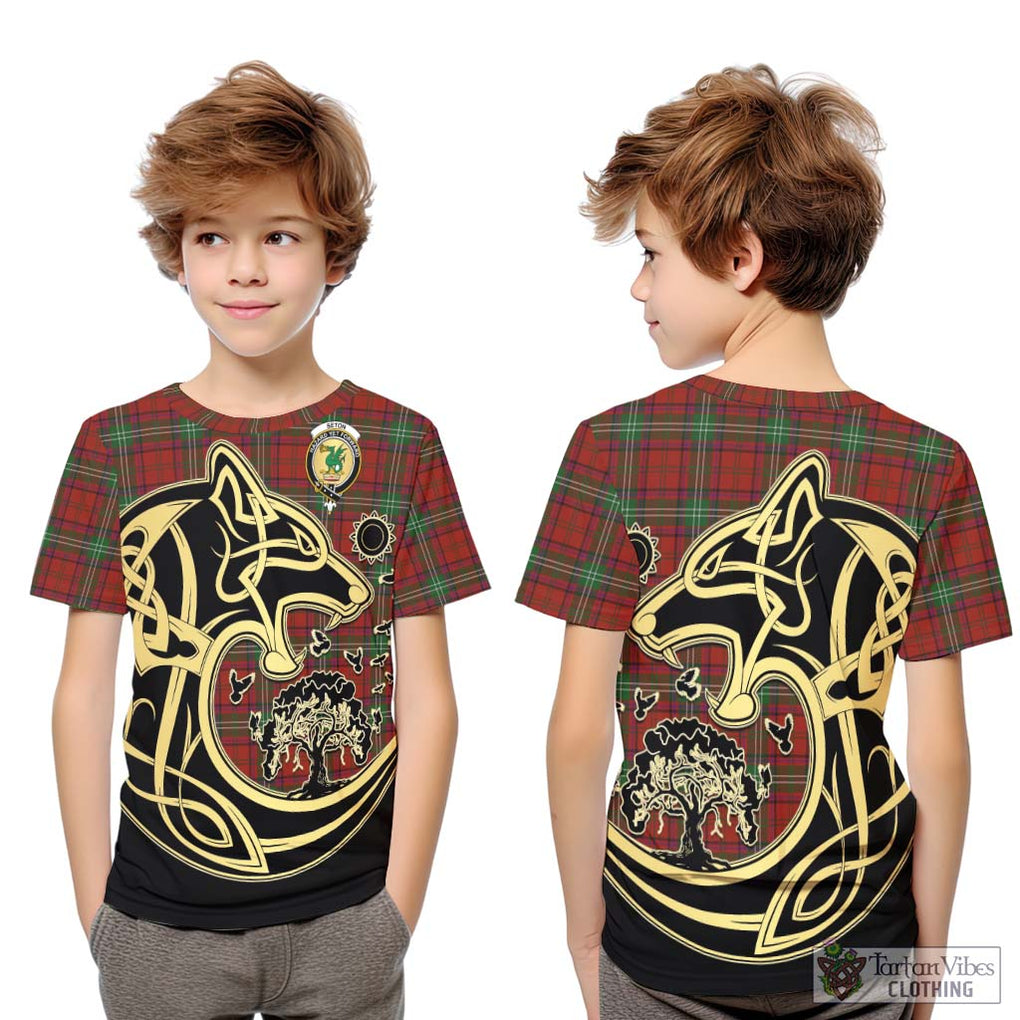 Seton Tartan Kid T-Shirt with Family Crest Celtic Wolf Style Youth XL Size14 - Tartan Vibes Clothing