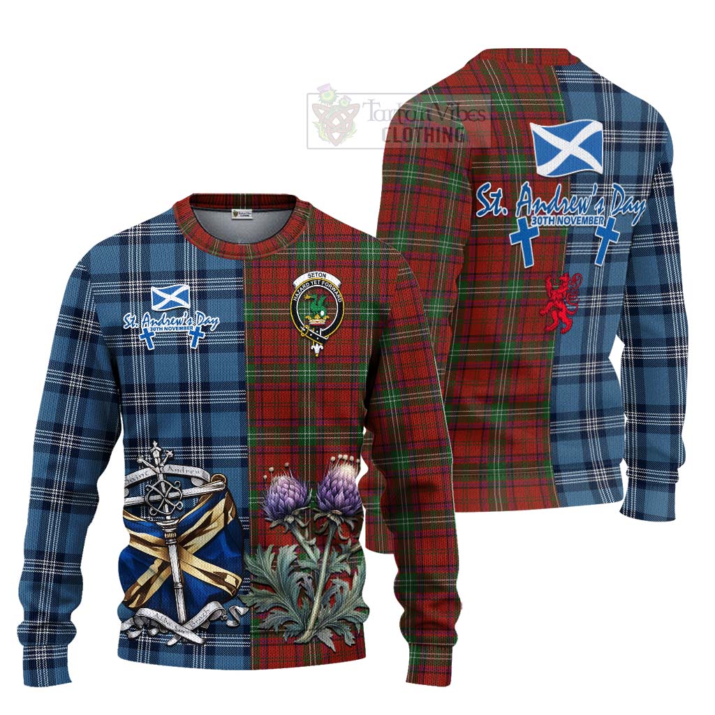 Seton Tartan Knitted Sweater Happy St. Andrew's Day Half Tartan Style Unisex - Tartan Vibes Clothing