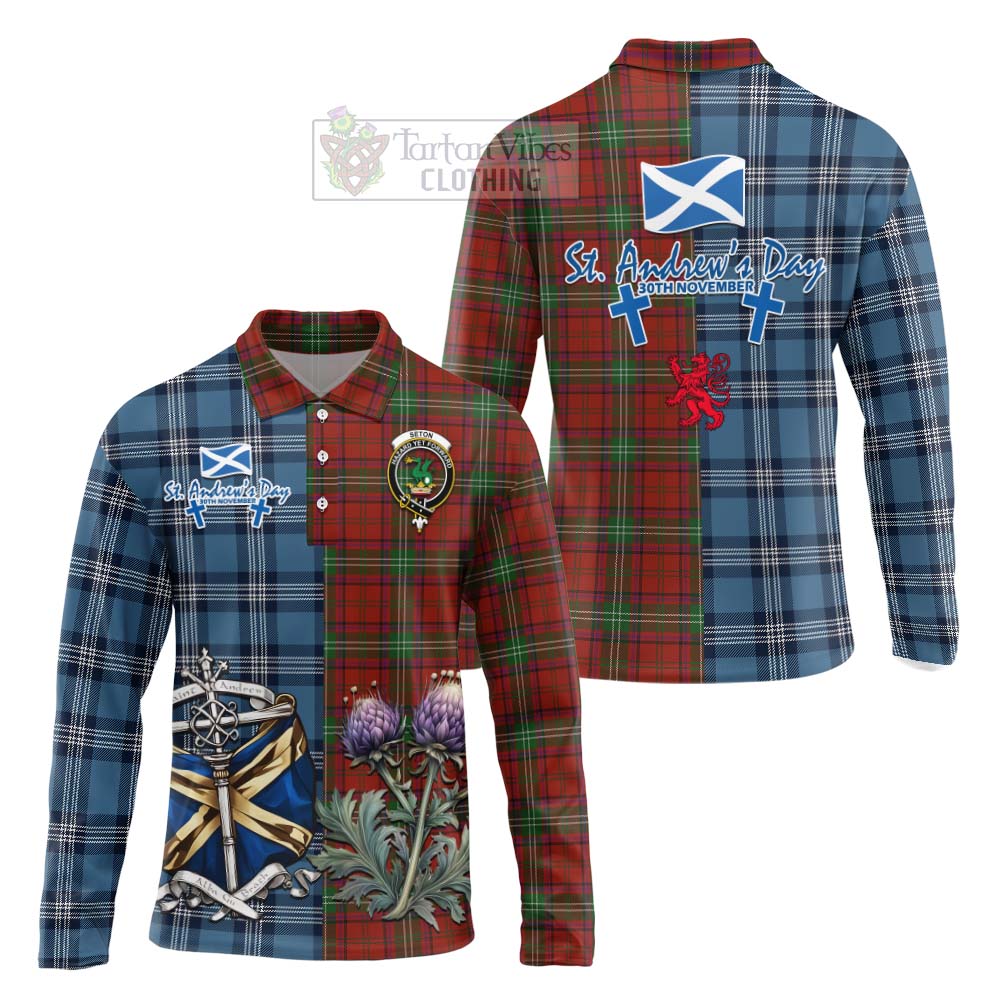 Seton Tartan Long Sleeve Polo Shirt Happy St. Andrew's Day Half Tartan Style Unisex - Tartan Vibes Clothing