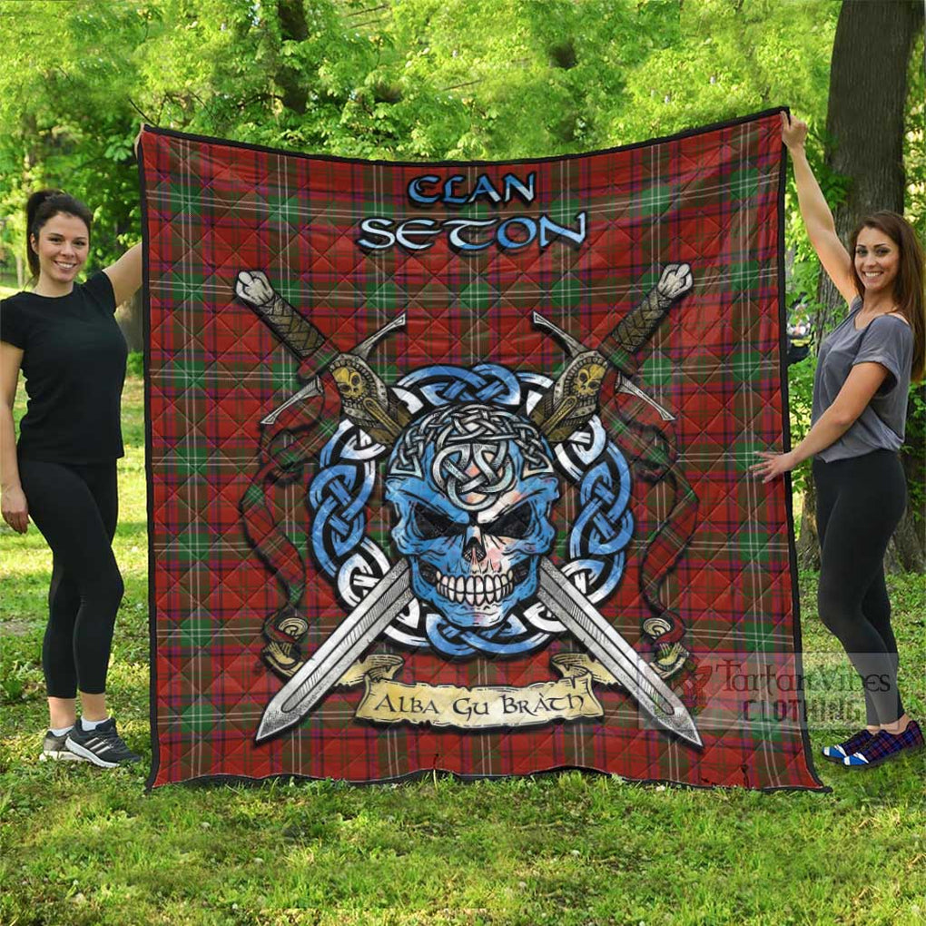 Seton Tartan Quilt with Celtic Skull Alba Gu Brath Style Super King Quilt 91" x 110" - Tartan Vibes Clothing