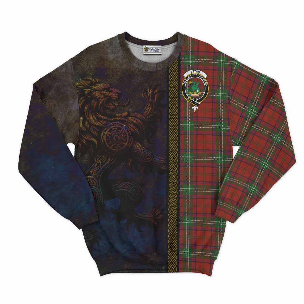 Seton Tartan Family Crest Sweatshirt Alba Gu Brath Be Brave Lion Ancient Style Unisex - Tartan Vibes Clothing