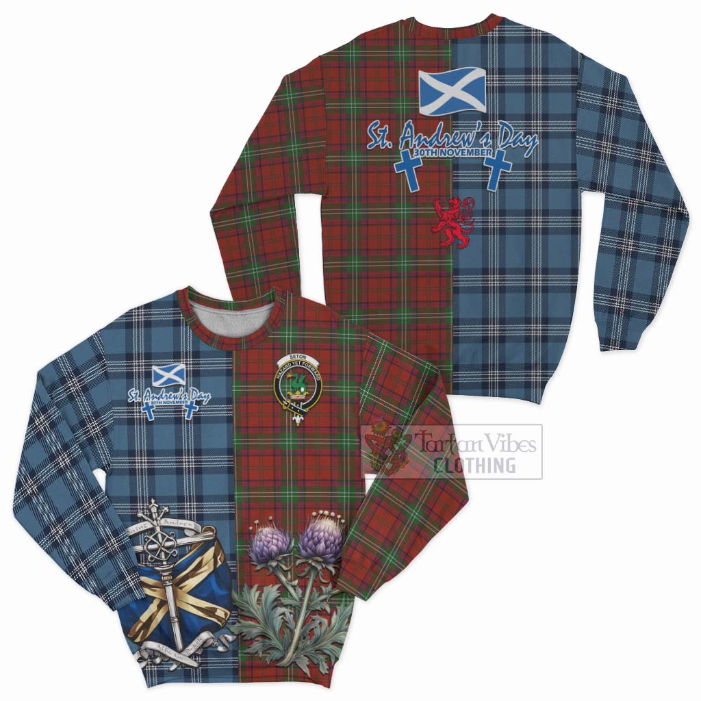 Seton Tartan Sweatshirt Happy St. Andrew's Day Half Tartan Style Unisex - Tartan Vibes Clothing