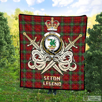 Seton Tartan Quilt with Clan Crest and the Golden Sword of Courageous Legacy Super King Quilt 91" x 110" - Tartan Vibes Clothing