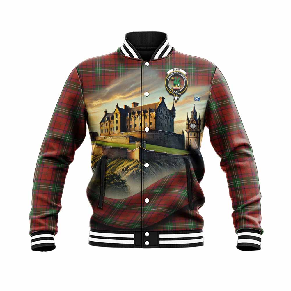 Seton Tartan Family Crest Baseball Jacket with Scottish Ancient Castle Style Unisex - Tartan Vibes Clothing