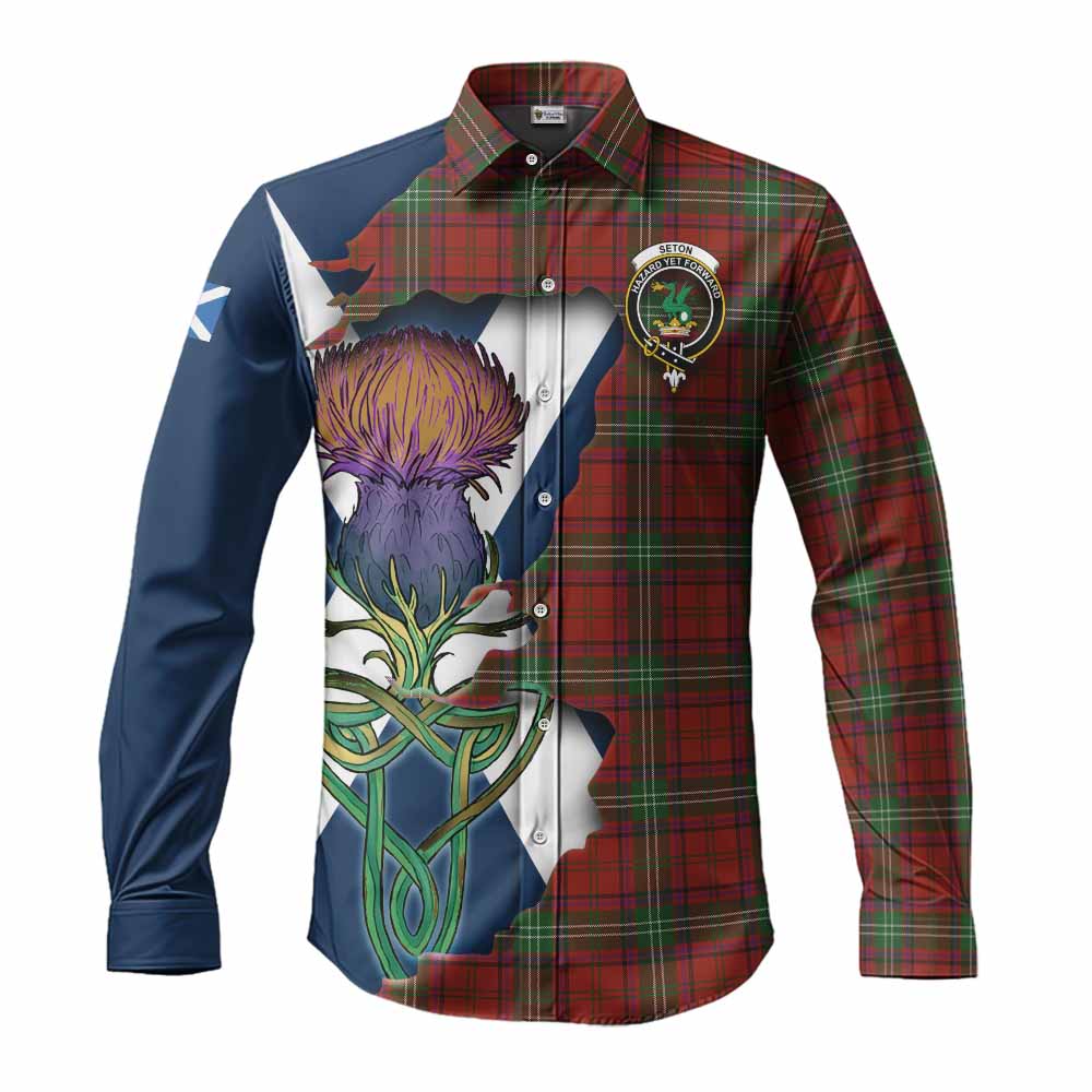 Tartan Vibes Clothing Seton Tartan Family Crest Long Sleeve Button Shirt Scottish Thistle Celtic Inspired