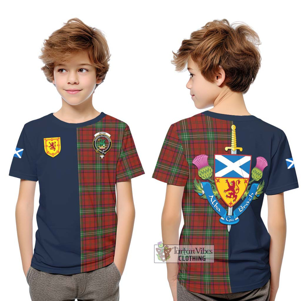 Seton Tartan Kid T-Shirt Alba with Scottish Lion Royal Arm Half Style Youth XL Size14 - Tartan Vibes Clothing