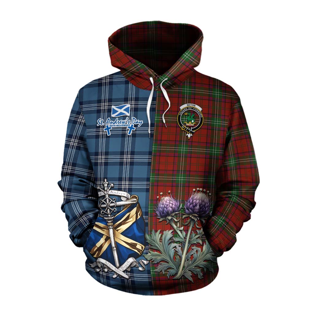 Seton Tartan Cotton Hoodie Happy St. Andrew's Day Half Tartan Style Pullover Hoodie XS - Tartan Vibes Clothing