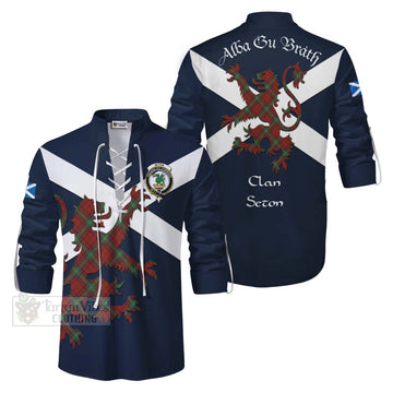 Seton Tartan Lion Rampant Ghillie Kilt Shirt Proudly Display Your Heritage with Alba Gu Brath and Clan Name Men - Tartan Vibes Clothing