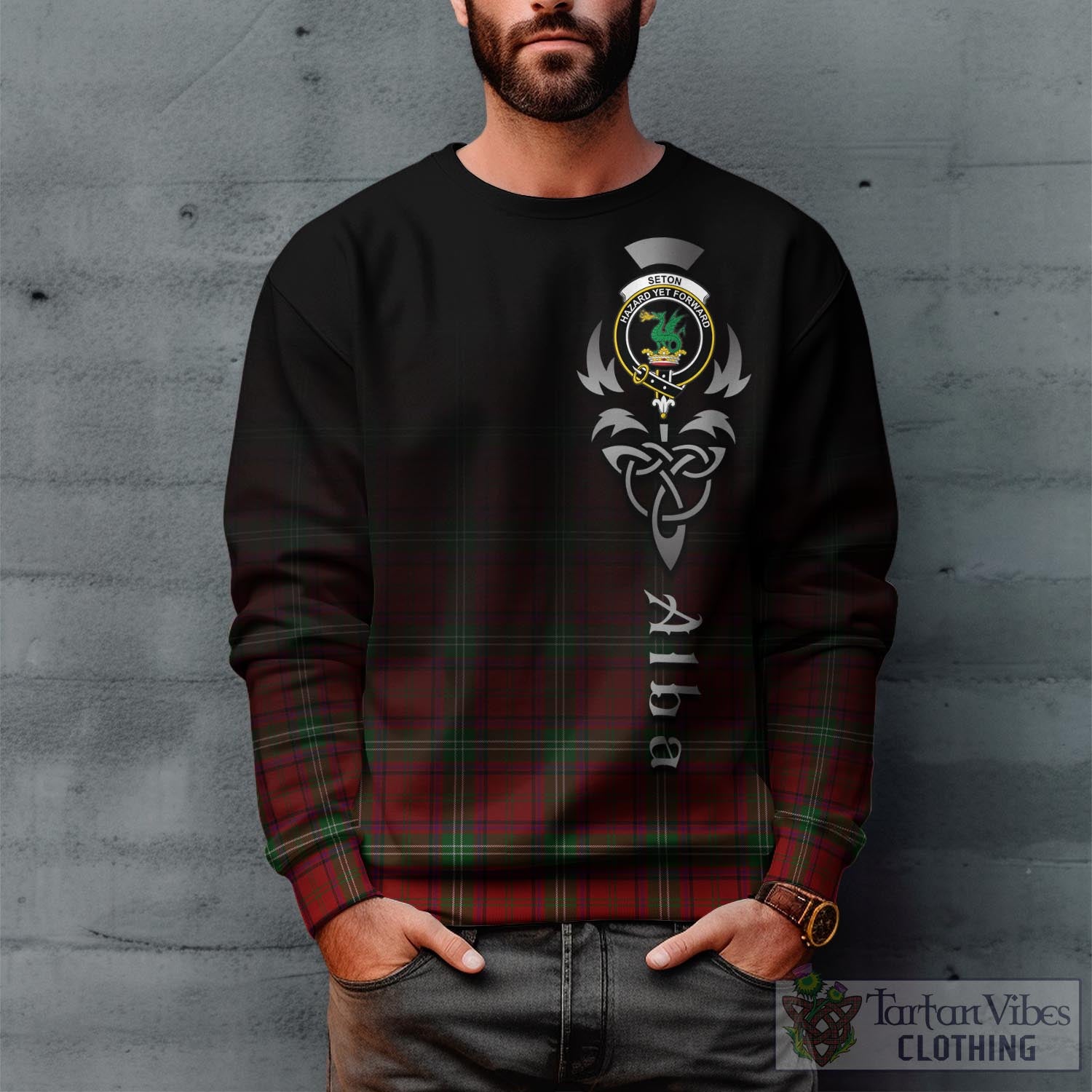 Tartan Vibes Clothing Seton Tartan Sweatshirt Featuring Alba Gu Brath Family Crest Celtic Inspired
