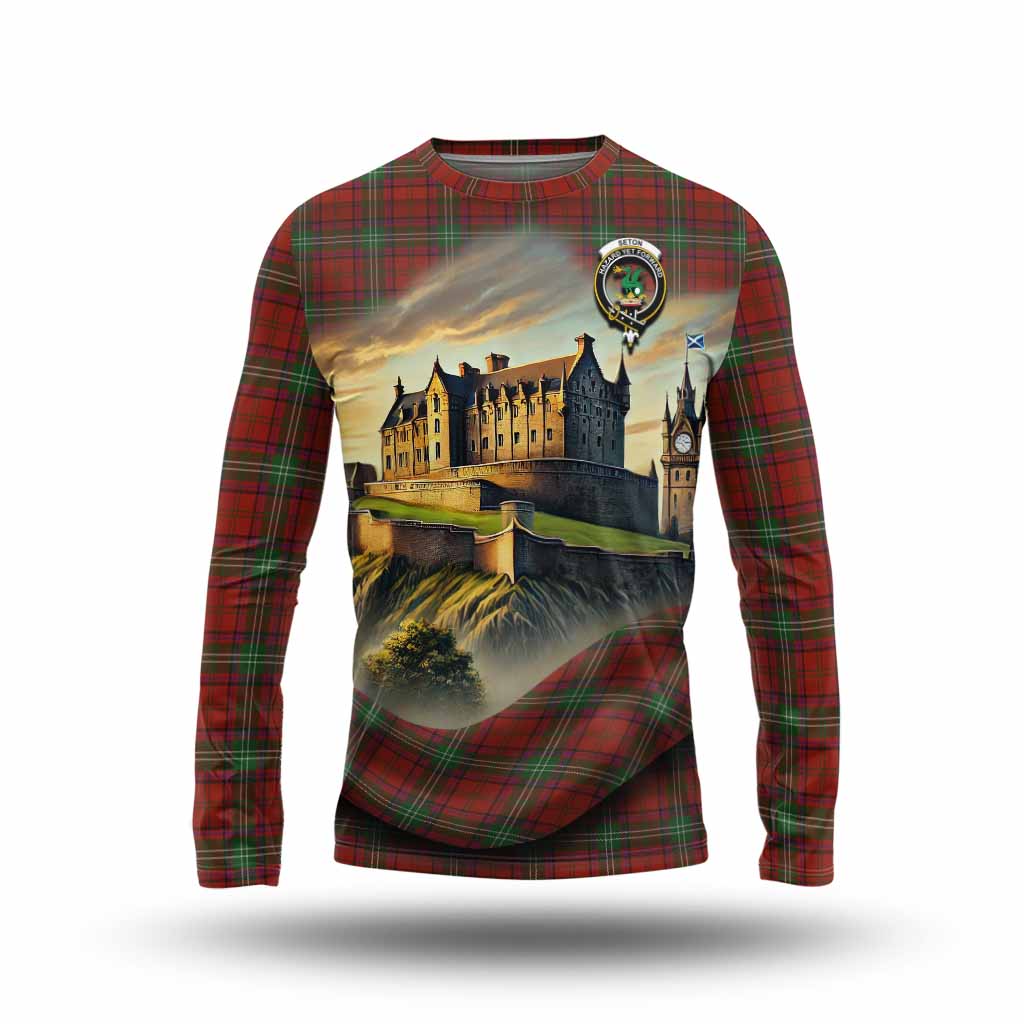 Seton Tartan Family Crest Long Sleeve T-Shirt with Scottish Ancient Castle Style Unisex - Tartan Vibes Clothing