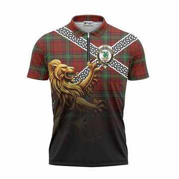 Seton Crest Tartan Zipper Polo Shirt with Golden Lion Emblem Celtic Style Unisex - Tartan Vibes Clothing